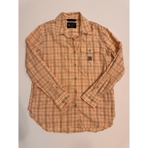 Carhartt Women's Loose Fit Plaid Flannel Button Down Shirt Size S Cream - Picture 1 of 5